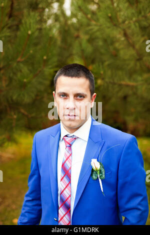The groom in an expensive gray suit Stock Photo