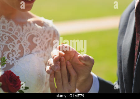 Ladybird on finger. Bride and groom are looking at ladybug. Ladybird going to fly. Stock Photo