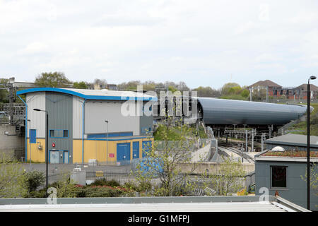 View towards York Way of railway rail tracks, shed and tunnel Kings Cross London UK  KATHY DEWITT Stock Photo