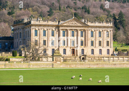 Chatsworth House Derbyshire Front facade of the Derbyshire stately home of the Duke and Duchess of Devonshire, Derbyshire, England, UK, GB,Europe Stock Photo