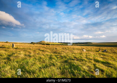 Fernacre Stone Circle at the foot of Roughtor on a remote part of Bodmin Moor in Cornwall Stock Photo