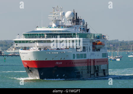 MV Fram, an expedition cruise ship, departing Portsmouth, UK on the 3rd May 2014. Stock Photo