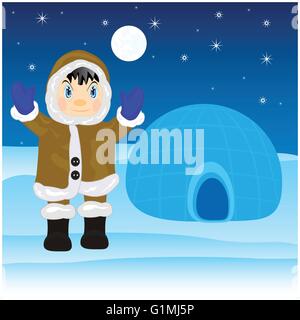 Illustration of the eskimo near by igloo on north Stock Vector
