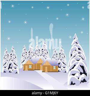Illustration to small village in wood in winter Stock Vector