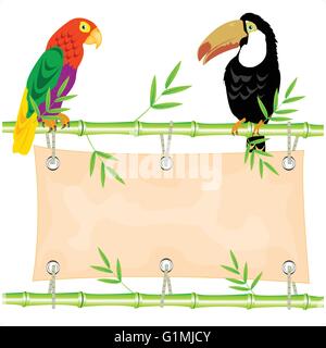 Poster on stem of the bamboo and tropical birds Stock Vector