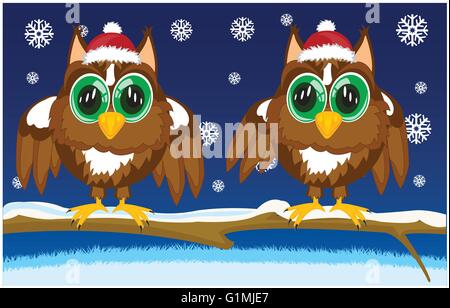 Two owls sit on tree and snow Stock Vector