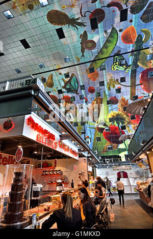 Colourful interior of the Rotterdamse Markthal (Rotterdam Market hall) at the Blaak square Dutch Netherlands Stock Photo