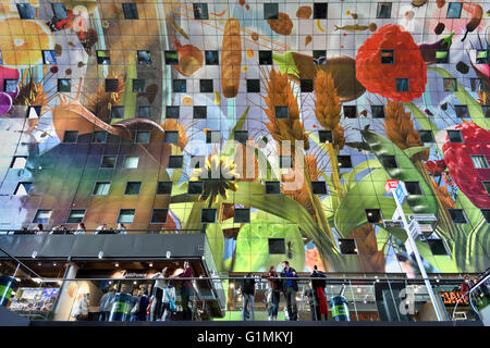 Colourful interior of the Rotterdamse Markthal (Rotterdam Market hall) at the Blaak square Dutch Netherlands Stock Photo