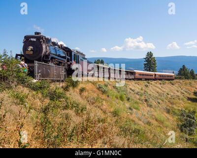 1912 steam locomotive 3716, 'Spirit of Summerland, pulls a train on the Kettle Valley Steam Railway, near Summerland BC Canada. Stock Photo