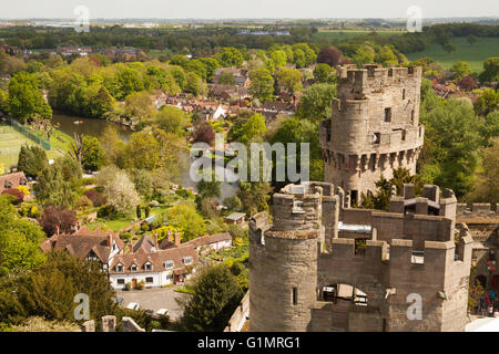 Medieval Britain; The ramparts of 12th century medieval Warwick Castle and the river Avon, seen from Warwick Castle, Warwick, Warwickshire UK Stock Photo