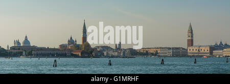 view from laguna onto Santa Maria della Salute, San Giorgio Maggiore, and Campanile San Marco Stock Photo