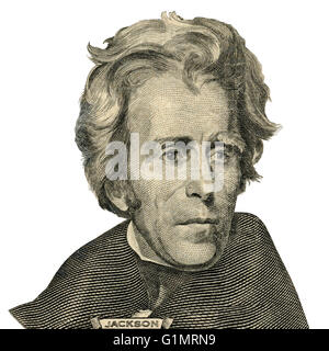 Portrait of former U.S. president Andrew Jackson as he looks on twenty dollar bill obverse. Clipping path included. Stock Photo