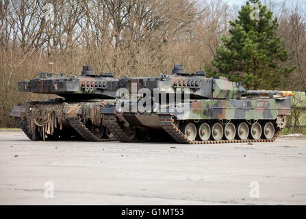 two german main battle tanks leopard stands on tank plate Stock Photo