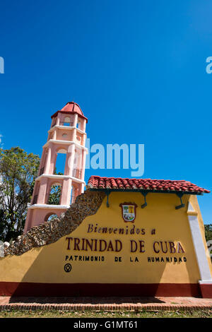 Vertical view of the welcome sign in Trinidad, Cuba. Stock Photo