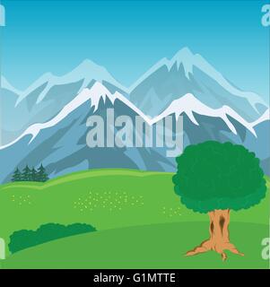 High mountains and green meadow with flower Stock Vector