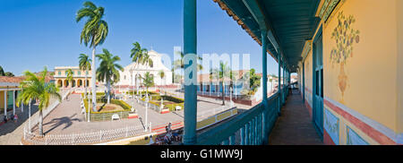 Horizontal panoramic (3 picture stitch) aerial view of Plaza Mayor in Trinidad, Cuba. Stock Photo