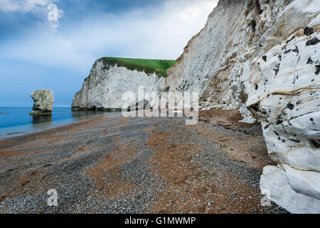 white cliffs and lonelly rock formation on the beach in Dorset Jurassic Coast Stock Photo