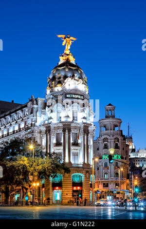 The Metropolis building and Calle Alcala at night Stock Photo