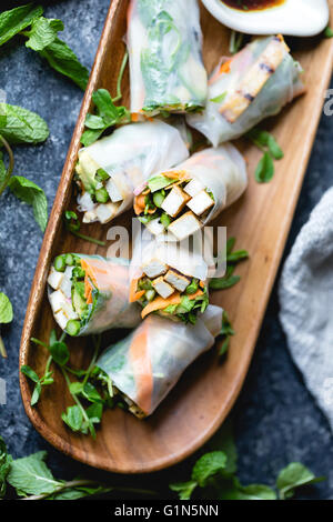 grilled asparagus tofu spring rolls with ginger-lime dipping sauce Stock Photo