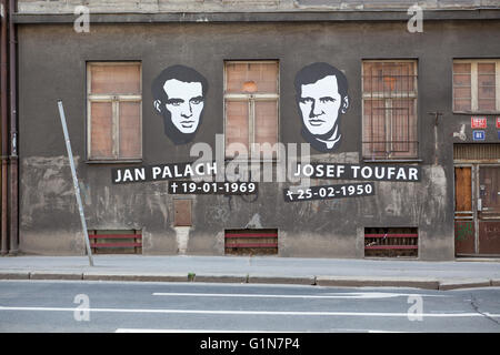 Jan Palach and Josef Toufar victims of communism in Czechoslovakia. Street art in their memory in Prague, Legerova street Prague Stock Photo