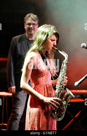 BARCELONA - APR 16: Eva Fernandez Group (jazz band) performs at Luz de Gas club on April 16, 2015 in Barcelona, Spain. Stock Photo