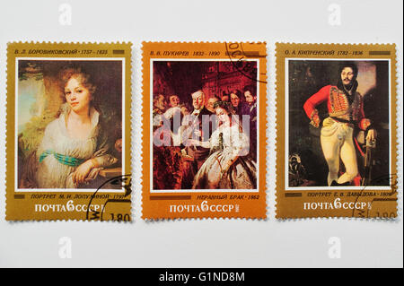 UZHGOROD, UKRAINE - CIRCA MAY, 2016: Collection of postage stamps printed in USSR shows works great russian painters as Vladimir Stock Photo