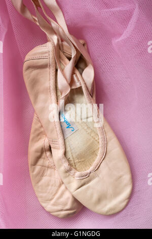 Pair of well worn and loved ballet shoes on pink tutu Stock Photo