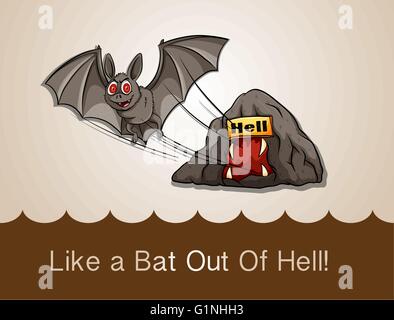 Like a bat out of hell with text idiom illustration Stock Vector