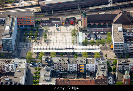 Aerial view, central railway station Hagen with station square, Track halls, Hagen Hauptbahnhof Hagen, Ruhr, Stock Photo