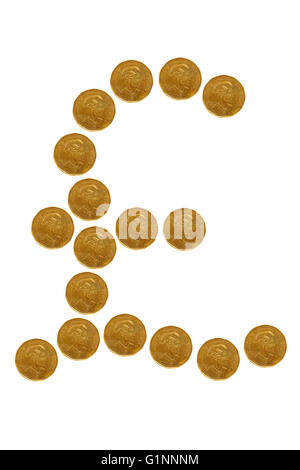 The Pound symbol created from coins photographed against a white background. Stock Photo