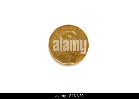 The Queen's head on a Canadian One Dollar coin photographed against a white background. Stock Photo