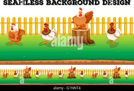 Seamless background with chickens on the farm illustration Stock Vector