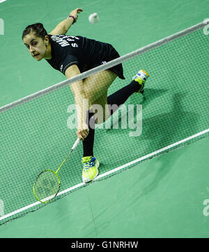 Kunshan, China's Jiangsu Province. 17th May, 2016. Carolina Marin of Spain competes during the women's singles match against Wang Shixian of China in the Group A match at the Uber Cup badminton championship in Kunshan, east China's Jiangsu Province, May 17, 2016. Carolina Marin lost 1-2. © Li Xiang/Xinhua/Alamy Live News Stock Photo