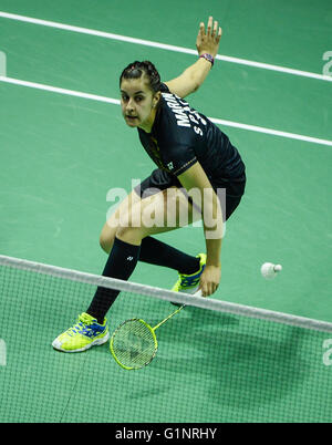 Kunshan, China's Jiangsu Province. 17th May, 2016. Carolina Marin of Spain competes during the women's singles match against Wang Shixian of China in the Group A match at the Uber Cup badminton championship in Kunshan, east China's Jiangsu Province, May 17, 2016. Carolina Marin lost 1-2. © Li Xiang/Xinhua/Alamy Live News Stock Photo