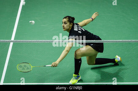 Kunshan, China's Jiangsu Province. 17th May, 2016. Carolina Marin of Spain competes during the women's singles match against Wang Shixian of China in the Group A match at the Uber Cup badminton championship in Kunshan, east China's Jiangsu Province, May 17, 2016. Carolina Marin lost 1-2. © Li Xiang/Xinhua/Alamy Live News Stock Photo