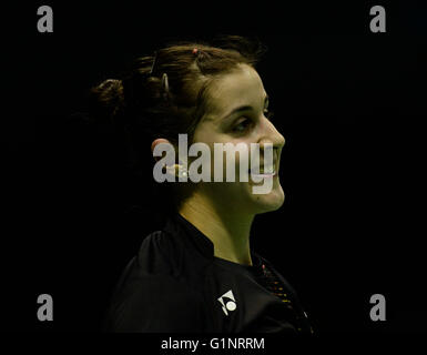 Kunshan, China's Jiangsu Province. 17th May, 2016. Carolina Marin of Spain reacts during the women's singles match against Wang Shixian of China in the Group A match at the Uber Cup badminton championship in Kunshan, east China's Jiangsu Province, May 17, 2016. Carolina Marin lost 1-2. © Ji Chunpeng/Xinhua/Alamy Live News Stock Photo