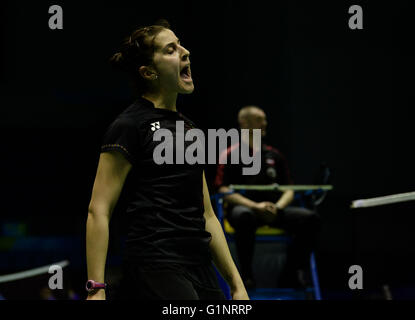 Kunshan, China's Jiangsu Province. 17th May, 2016. Carolina Marin of Spain celebrates after scoring during the women's singles match against Wang Shixian of China in the Group A match at the Uber Cup badminton championship in Kunshan, east China's Jiangsu Province, May 17, 2016. Carolina Marin lost 1-2. © Ji Chunpeng/Xinhua/Alamy Live News Stock Photo