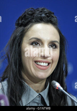 Kiev, Ukraine. 17th May, 2016. Ukrainian singer Jamala reacts during a press conference in Kiev, Ukraine, 17 May, 2016. Jamala won the 61st Eurovision Song Contest (ESC) in the grand final with the song ''1944''' in Stockholm on 14 May 2016. Credit:  Serg Glovny/ZUMA Wire/Alamy Live News Stock Photo