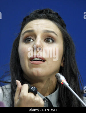 Kiev, Ukraine. 17th May, 2016. Ukrainian singer Jamala reacts during a press conference in Kiev, Ukraine, 17 May, 2016. Jamala won the 61st Eurovision Song Contest (ESC) in the grand final with the song ''1944''' in Stockholm on 14 May 2016. Credit:  Serg Glovny/ZUMA Wire/Alamy Live News Stock Photo