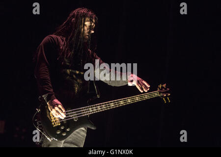 Somerset, Wisconsin, USA. 15th May, 2016. Bassist JOHN MOYER of Disturbed performs live at Somerset Amphitheater during the Northern Invasion Music Festival in Somerset, Wisconsin © Daniel DeSlover/ZUMA Wire/Alamy Live News Stock Photo