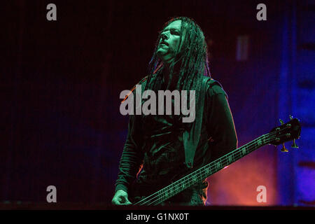 Somerset, Wisconsin, USA. 15th May, 2016. Bassist JOHN MOYER of Disturbed performs live at Somerset Amphitheater during the Northern Invasion Music Festival in Somerset, Wisconsin © Daniel DeSlover/ZUMA Wire/Alamy Live News Stock Photo