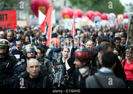 Paris. 17th May, 2016. People take to streets to protest against the new labor law in Paris, France on May 17, 2016. In the latest protest against the French government's plans to reform the country's labor laws, thousands of workers and students walked out in French cities on Tuesday to call for the withdrawal of the bill. Credit:  Theo Duval/Xinhua/Alamy Live News Stock Photo