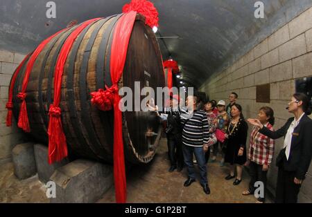 (160518) -- YANTAI, May 18, 2016 (Xinhua) -- Visitors look at a centenary wine barrel at the Zhangyu wine culture museum in Yantai, east China's Shandong Province, May 18, 2016, the International Museum Day. The theme of 2016 International Museum Day is 'Museums and Cultural Landscapes'. (Xinhua/Tang Ke) (wx) Stock Photo