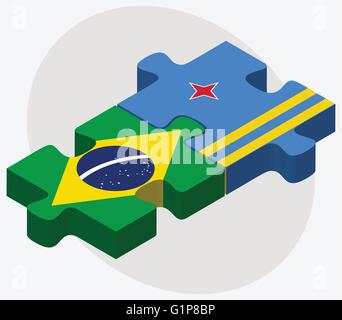 Brazil and Aruba Flags in puzzle isolated on white background Stock Vector