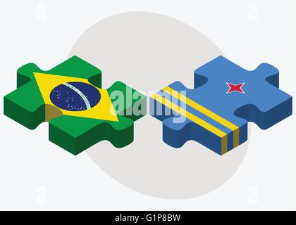 Brazil and Aruba Flags in puzzle isolated on white background Stock Vector