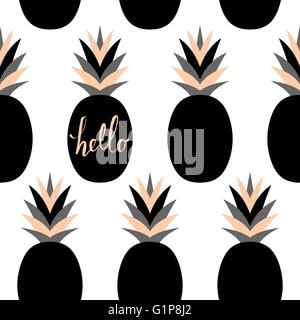 Seamless repeat pattern with pineapples in black, gray and peach pink isolated on white background. Stock Vector