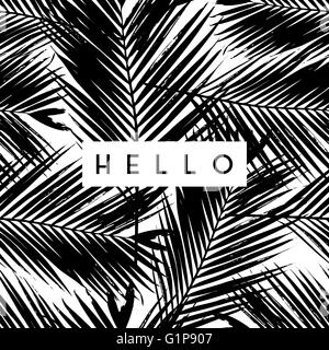 Greeting card design with text 'Hello' on palm leaves background in black and white. Stock Vector