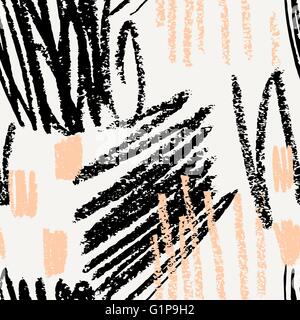 Hand drawn seamless abstract pattern in black, cream and peach pink. Modern textile, greeting card, poster, wrapping paper desig Stock Vector