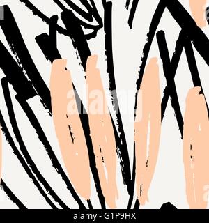 Hand drawn seamless abstract pattern in black, cream and peach pink. Modern textile, greeting card, poster, wrapping paper desig Stock Vector