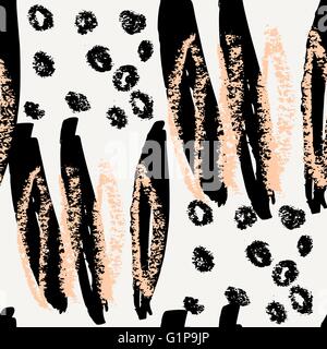 Hand drawn seamless abstract pattern in black, cream and peach pink. Modern textile, greeting card, poster, wrapping paper desig Stock Vector